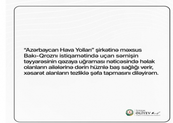 Prezident Aktau yaxınlığında baş vermiş təyyarə qəzasında həlak olanların ailələrinə başsağlığı verib